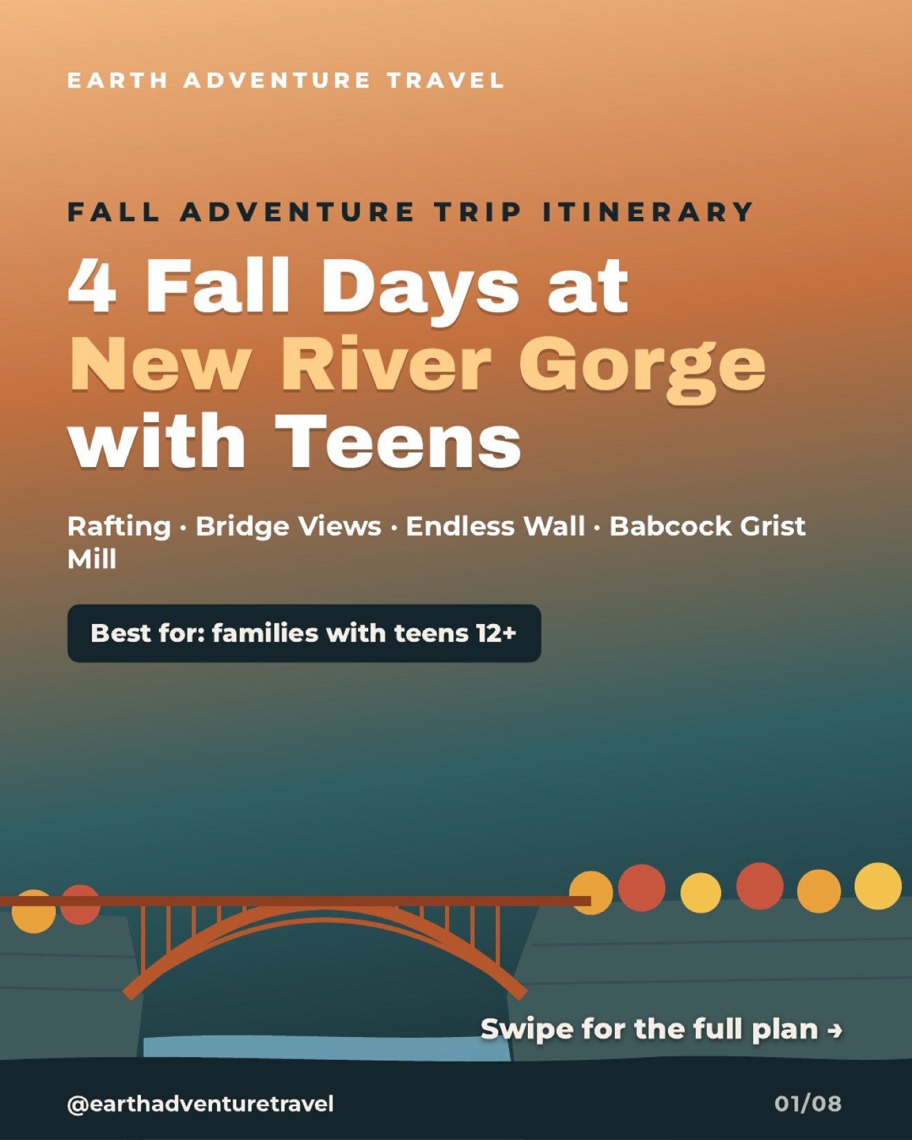 Illustrated cover for a four-day New River Gorge fall adventure with teens