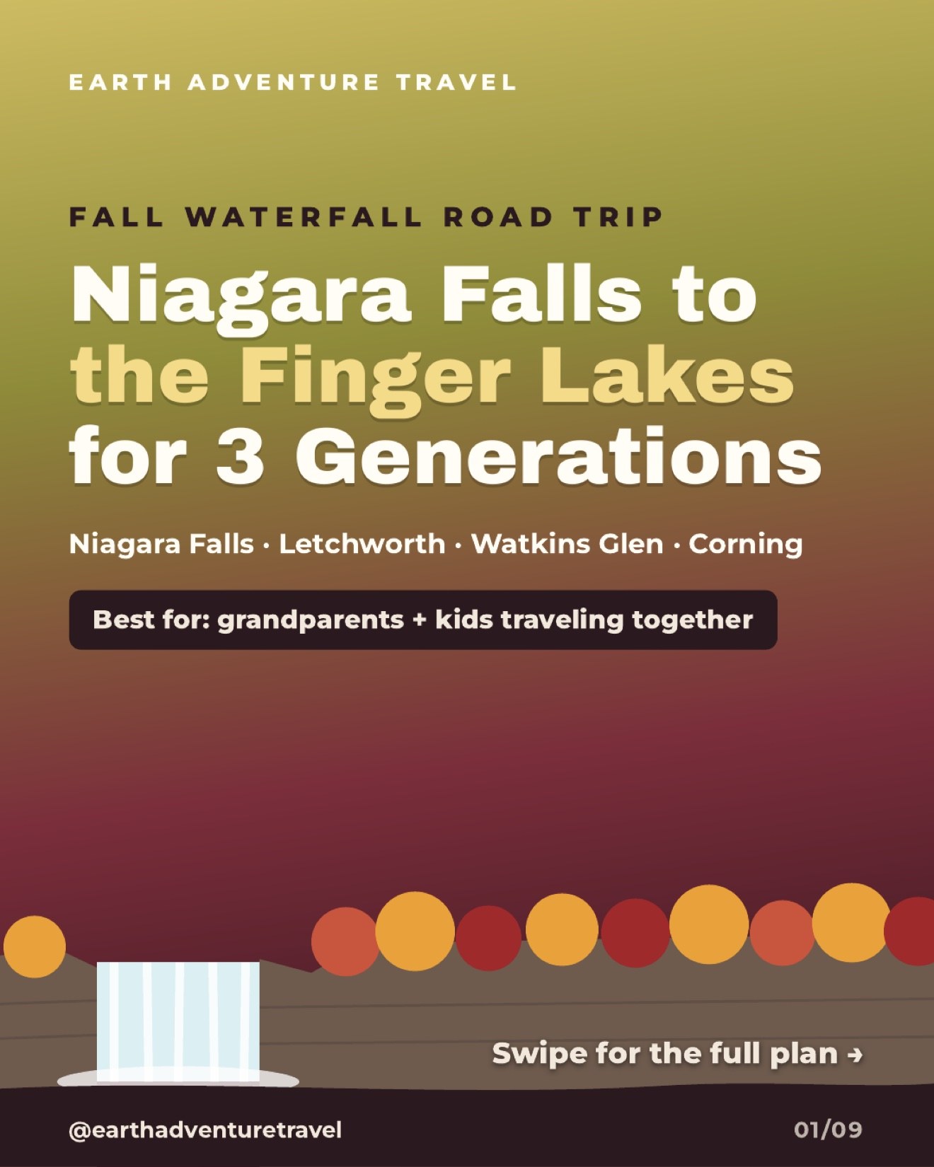 Illustrated cover for a five-day Niagara Falls to the Finger Lakes trip for three generations
